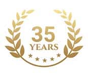 Gold laurel wreath emblem with "35 YEARS" and a row of stars.